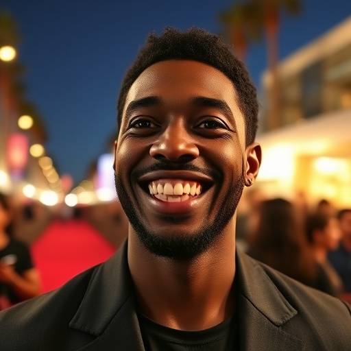 Omar Sy souriant sur le tapis rouge d'une avant-première à Los Angeles.